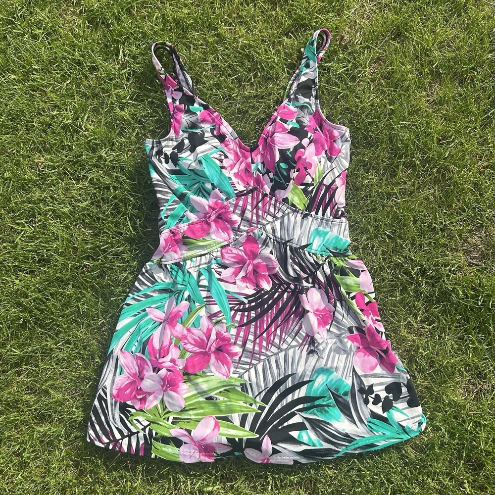Maxine of Hollywood Womens 14 1-Piece Swimsuit Dress Skirt Floral Print Tropical